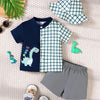 Children's Hat Dinosaur Plaid Button Up Top and Shorts 3-Piece Set - Dark Navy