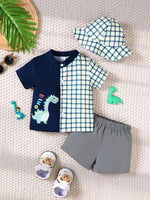 Children's Hat Dinosaur Plaid Button Up Top and Shorts 3-Piece Set - Farnelli
