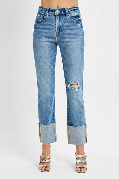 RISEN Full Size High Rise Ankle Straight Wide Cuffed Jeans Plus Size - Farnelli