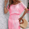 Openwork V-Neck Short Sleeve Cover-Up Dress - Fuchsia Pink