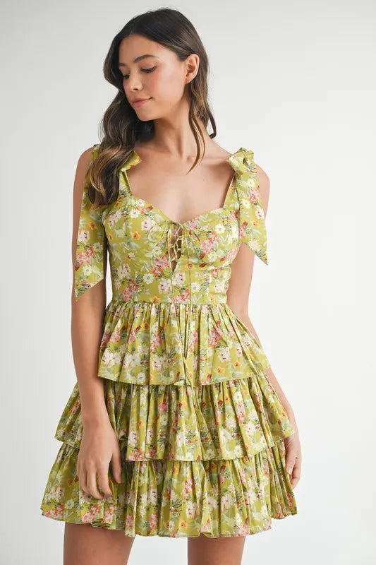 MABLE Floral Print Shoulder Tie Layered Mini Dress - Farnelli