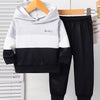 Children's Color Block Casual Hoodie & Pants Set - Black