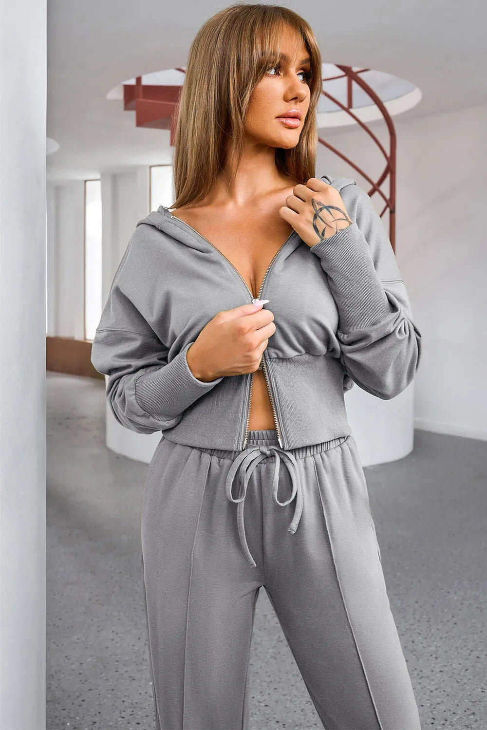 Dropped Shoulder Hoodie and Drawstring Pants Active Set - Farnelli