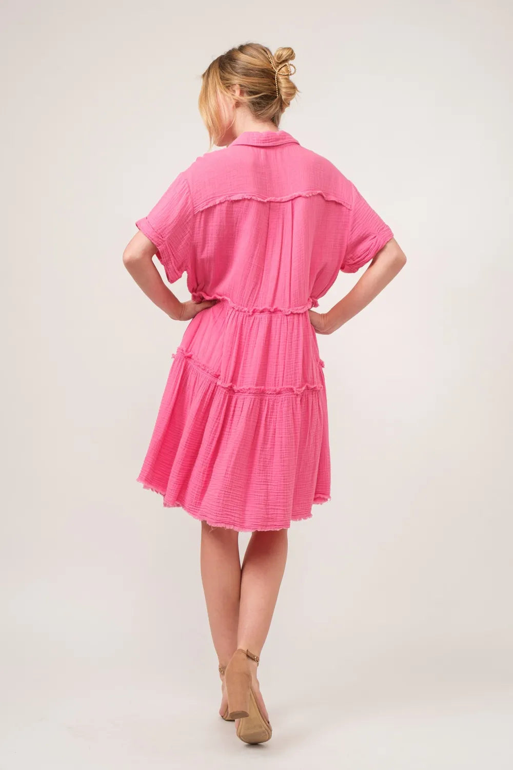 And The Why Full Size Raw Edge Washed Tiered Shirt Dress - Farnelli