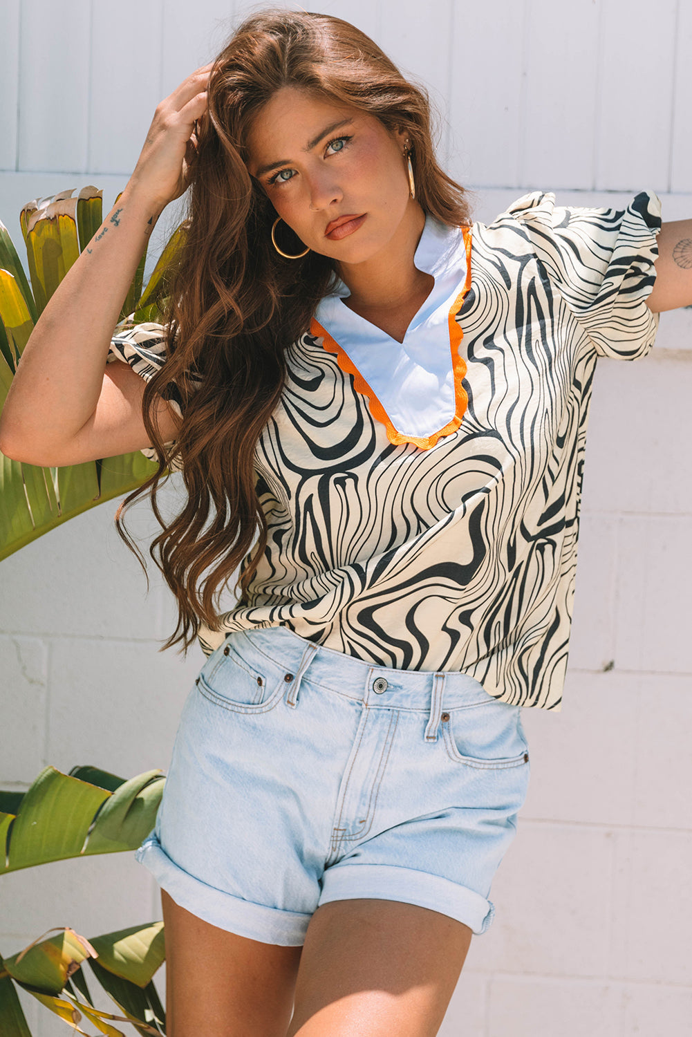 Delilah Zebra Stripe V-Neck Short Sleeve Blouse - Farnelli