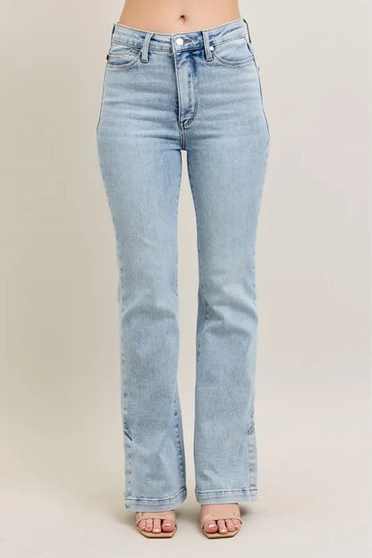 Judy Blue Full Size Tummy Control Vintage Wash Side Slit Slim Boot Jeans Plus Size - Farnelli