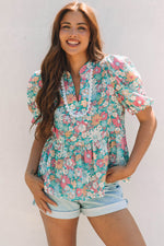 Amaris Notched Neck Puff Short Sleeve Floral Blouse - Farnelli