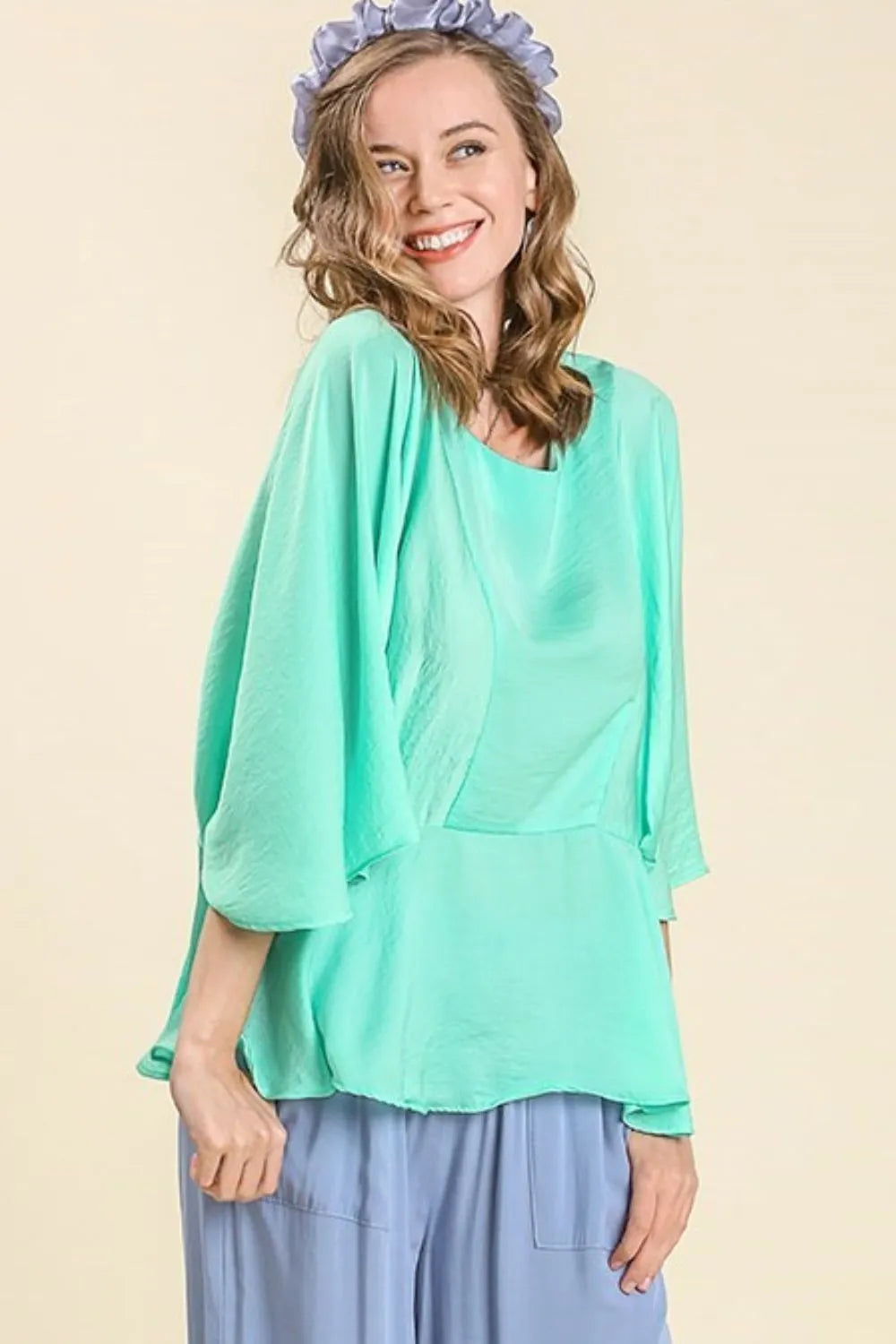 Umgee Full Size Satin Pleated Peplum Round Neck Blouse Plus Size - Farnelli