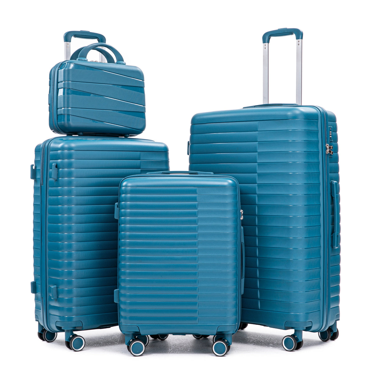HouseOfZazla blue 4-piece hard case luggage set with spinner wheels and matching cosmetic case