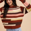 Annie Wear Color Block Round Neck Long Sleeve Sweater - Chocolate Multicolor