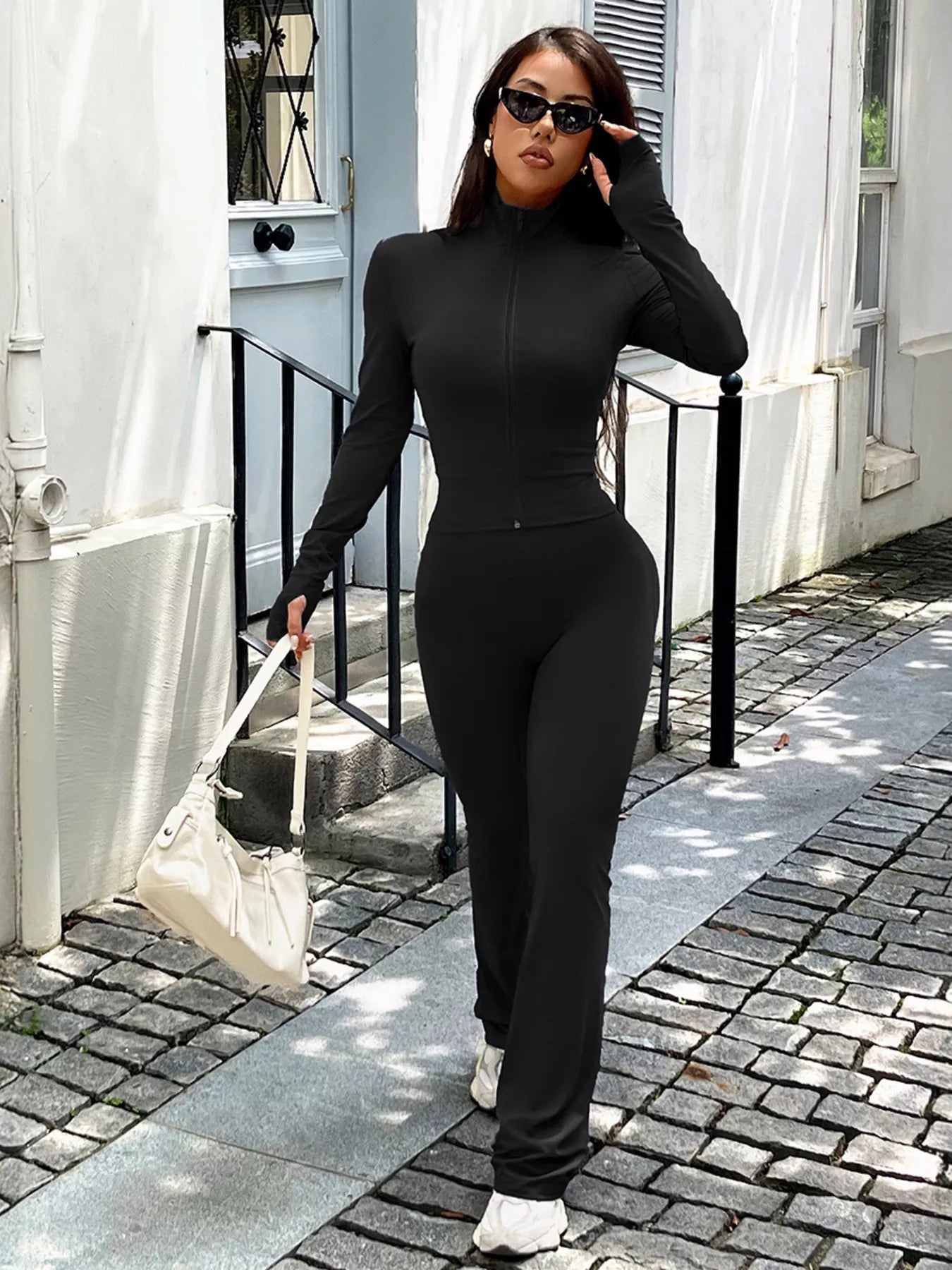 Zip Up Long Sleeve Outerwear and Pants Active Set - Farnelli