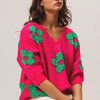 BiBi Pearl Beads Flowers Sweater Top - FUCHSIA/JADE
