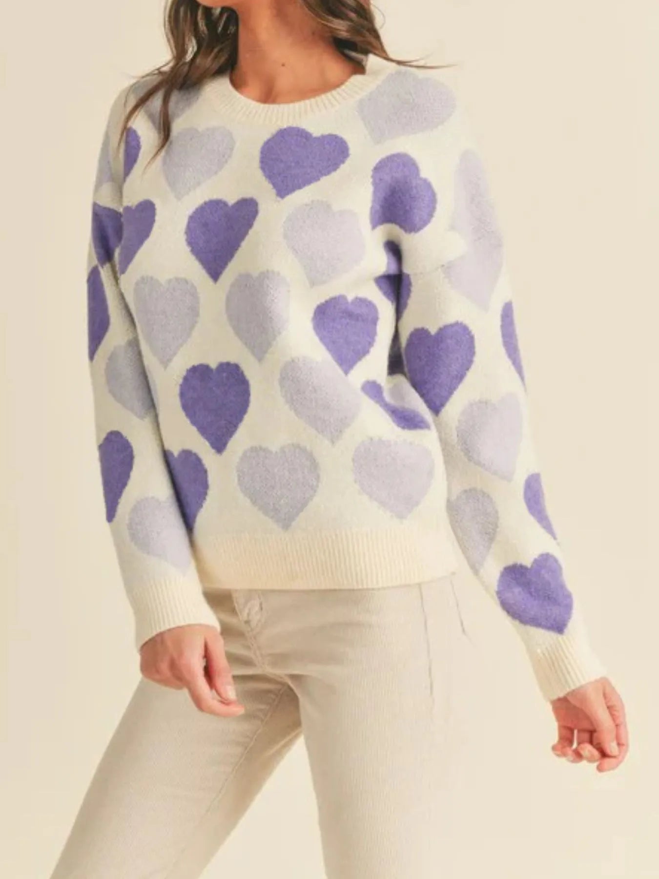 Heart Ribbed Hem Long Sleeve Sweater - Farnelli