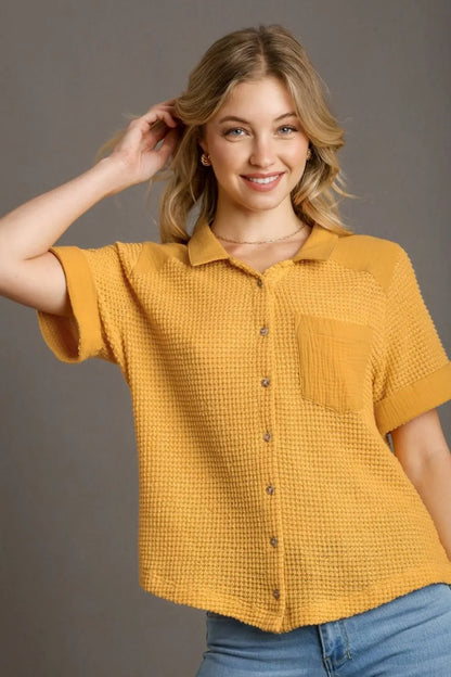Umgee Full Size Waffle-Knit Short Sleeve Button Down Shirt Plus Size - Farnelli