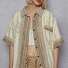 POL Printed Button Down Patchwork Short Sleeve Shirt - CREAM MULTI