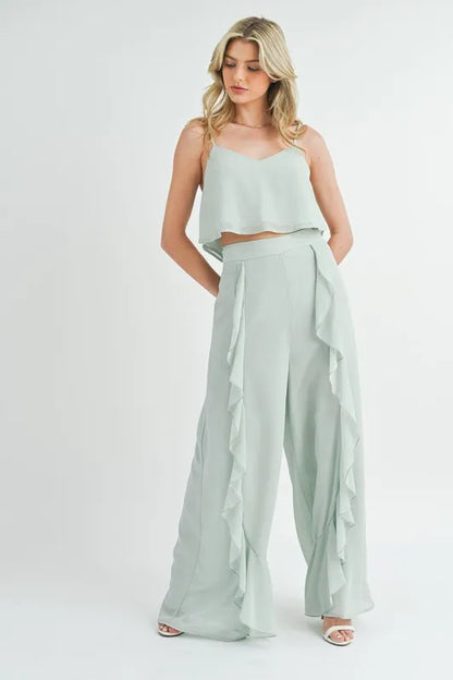 MABLE Crop Cami and Ruffled Wide Leg Pants Set - Farnelli
