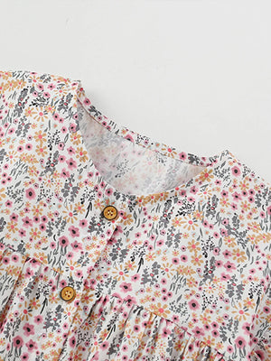 Children's Floral Print Button-Front Ruffle Sleeve Dress - Farnelli