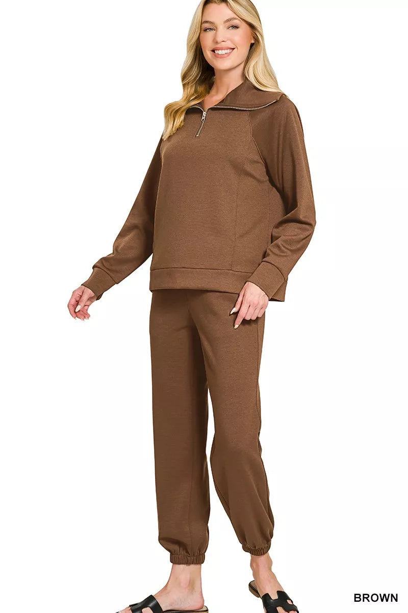 Zenana Scuba Half Zip Sweatshirts and Joggers Set - Farnelli