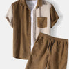 Men's Full Size Color Block Button Up Shirt and Shorts Set Plus Size - Brown