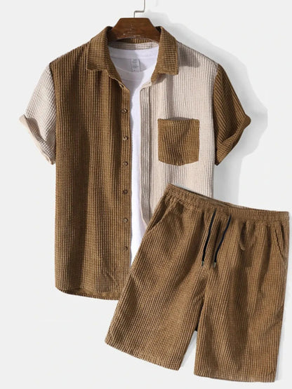 Men's Full Size Color Block Button Up Shirt and Shorts Set Plus Size - Farnelli