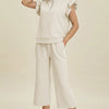 Double Take Full Size Texture Ruffle Short Sleeve Top and Wide Leg Pants Set - Ivory