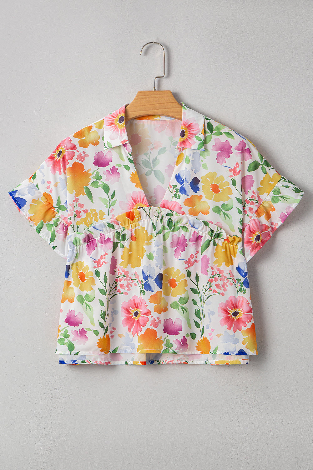 Liberty Floral Boxy Fit Ruffled Short Sleeve V Neck Blouse - Farnelli