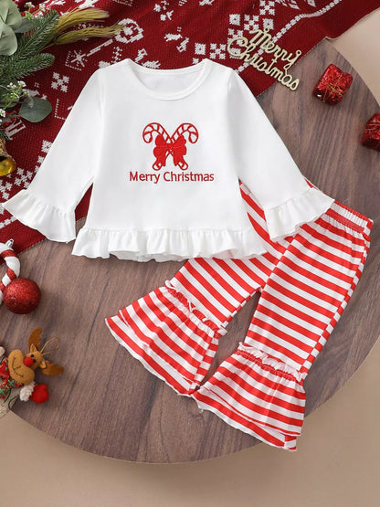 Children's Christmas Ruffle Trim Top and Pants Set - Farnelli