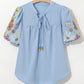 Hadlee Floral Embroidered Puff Sleeve Split Neck Blouse - Farnelli