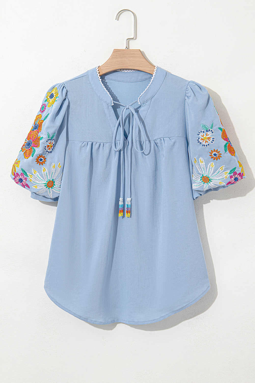 Hadlee Floral Embroidered Puff Sleeve Split Neck Blouse - Farnelli