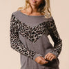BiBi Sweater Knit Top With Leopard V Shape Block - MOCHA
