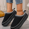 Embroidered Trim Round Toe Platform Boots - Black