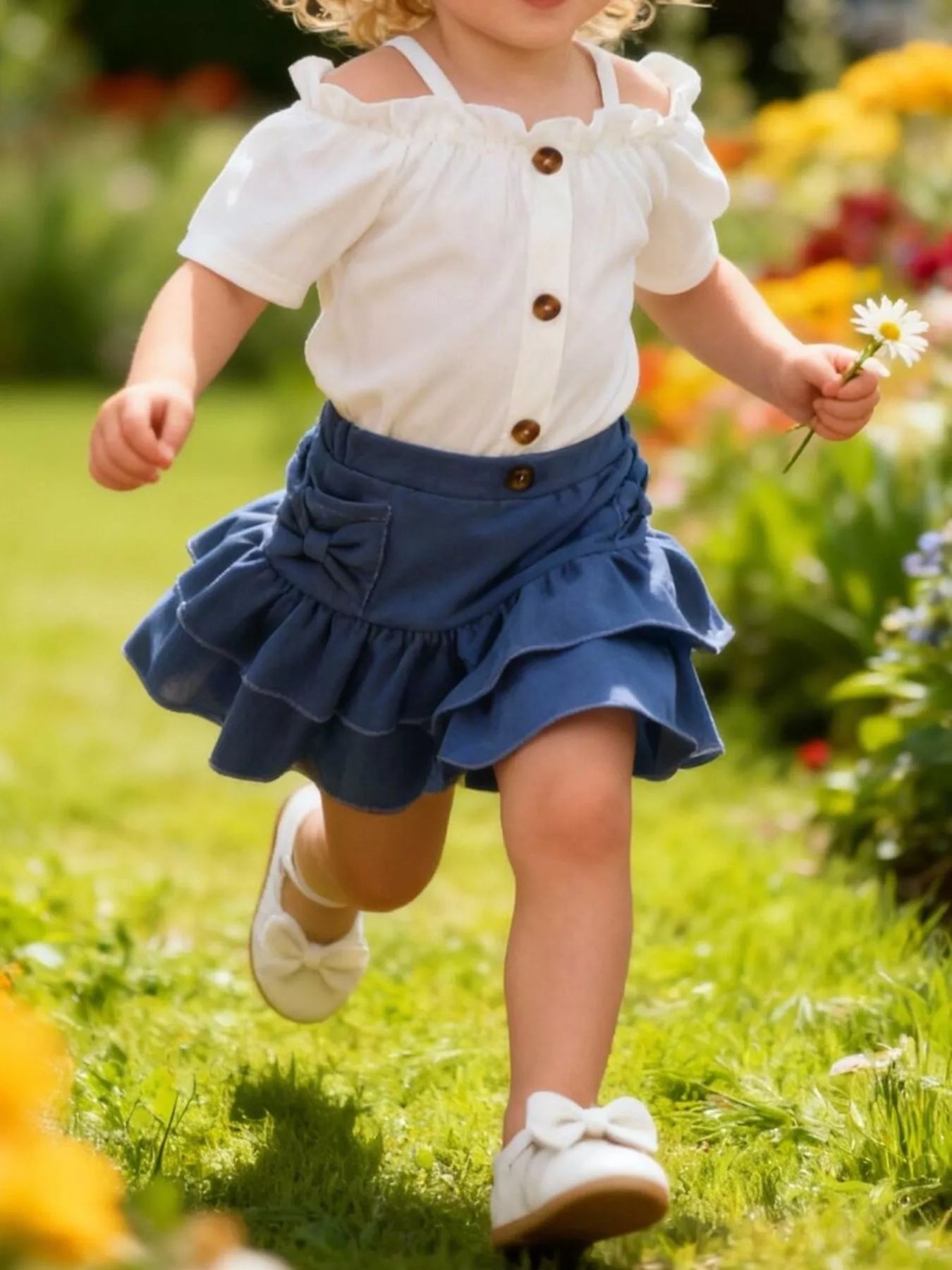 Children's Off-Shoulder Top and Ruffled Denim Skirt Set - Farnelli