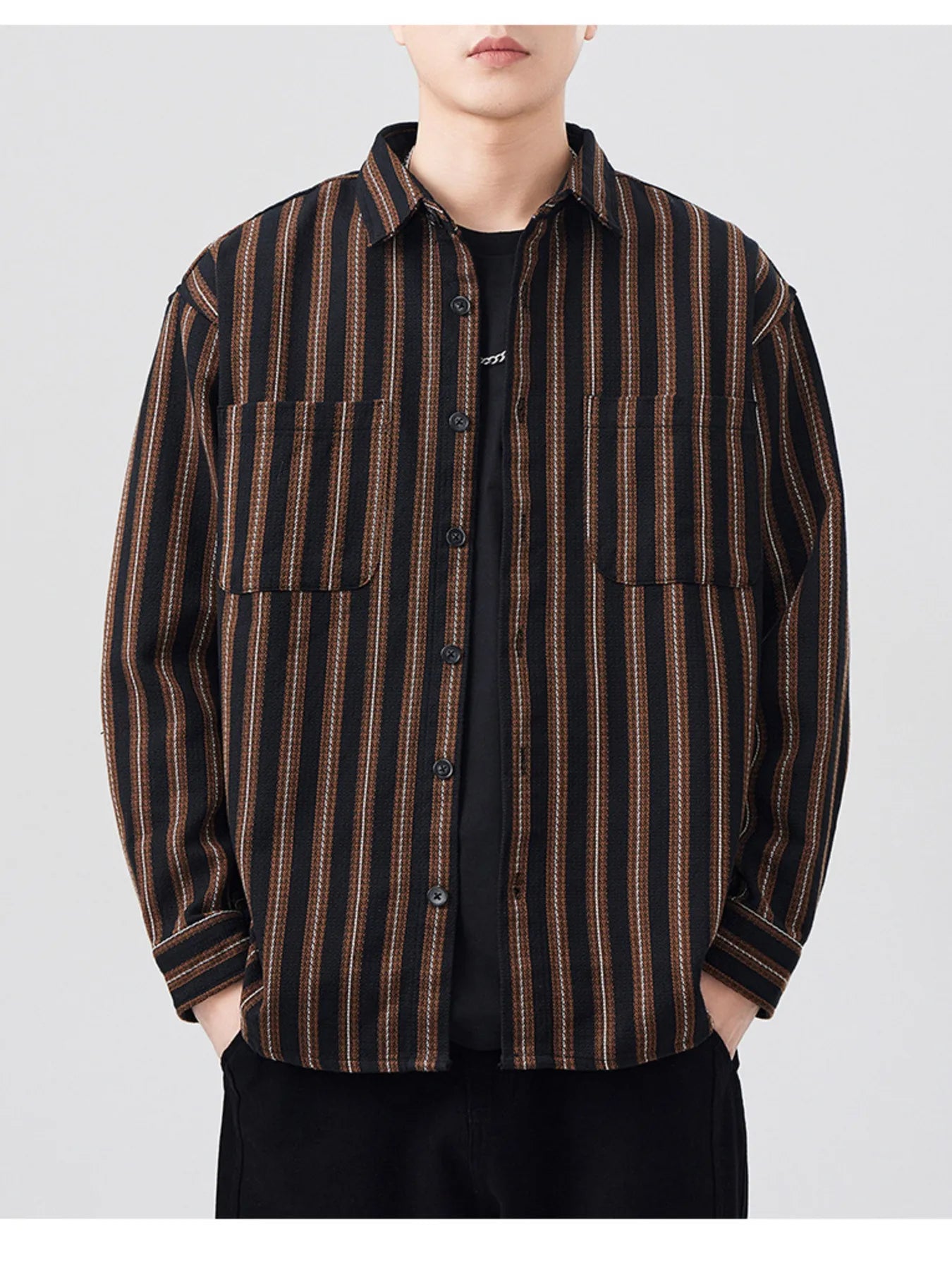Men's Plus Size Striped Button Up Long Sleeve Shirt - Farnelli