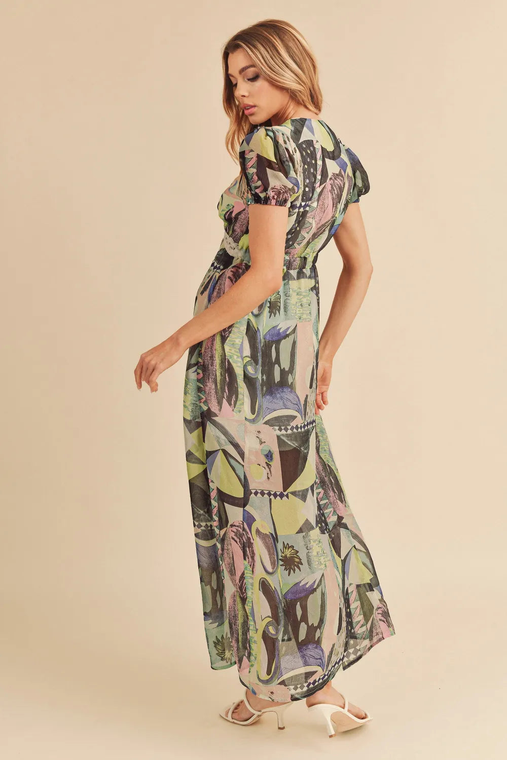 Aemi + Co Lace Detail Slit Geometric Print Short Sleeve Maxi Dress - Farnelli