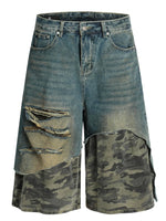 Men's Distressed Camo Patchwork Denim Shorts - Farnelli