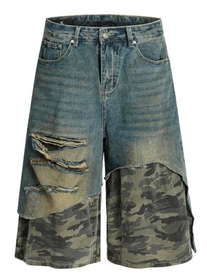 Men's Distressed Camo Patchwork Denim Shorts - Farnelli
