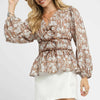 Umgee Floral Smocked Peplum Blouse with Tie Detail - LT. BROWN