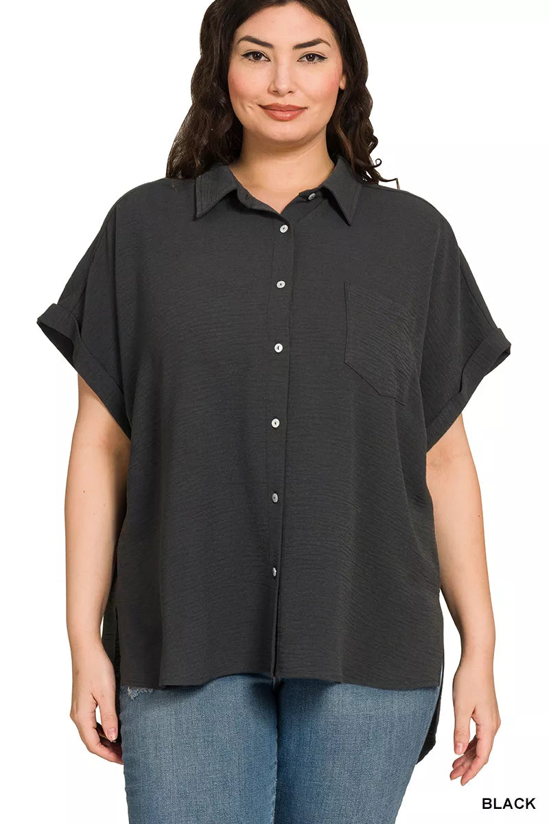 Zenana Full Size Woven Airflow Button Down Shirt Plus Size - Farnelli