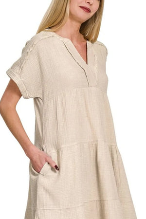 Zenana Washed Double Gauze Raw Edge V-neck Dress - Farnelli