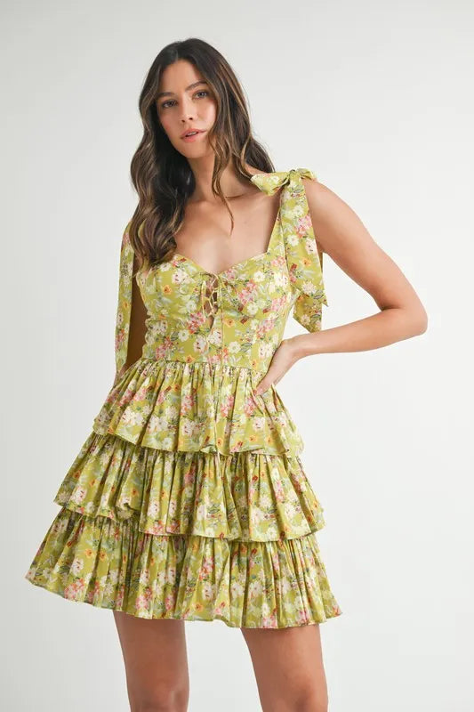 MABLE Floral Print Shoulder Tie Layered Mini Dress - Farnelli