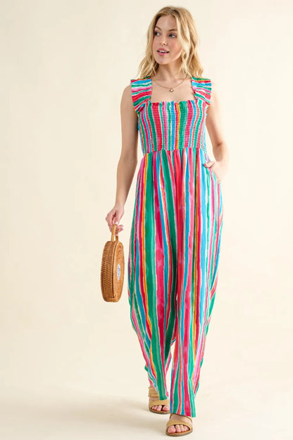 And The Why Full Size Striped Smocked Sleeveless Jumpsuit - Farnelli