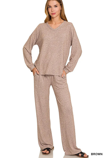 Zenana Soft Melange Long Sleeve Tee & Pants Set - Farnelli
