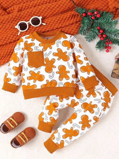 Children's Gingerbread Man Print Long Sleeve Outfit Set - Farnelli