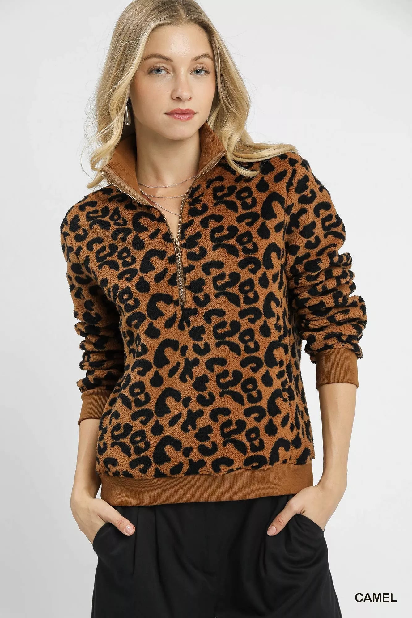 Umgee Leopard Print Quarter-Zip Sweatshirt - Farnelli