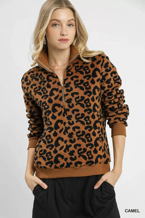 Umgee Leopard Print Quarter-Zip Sweatshirt - Farnelli