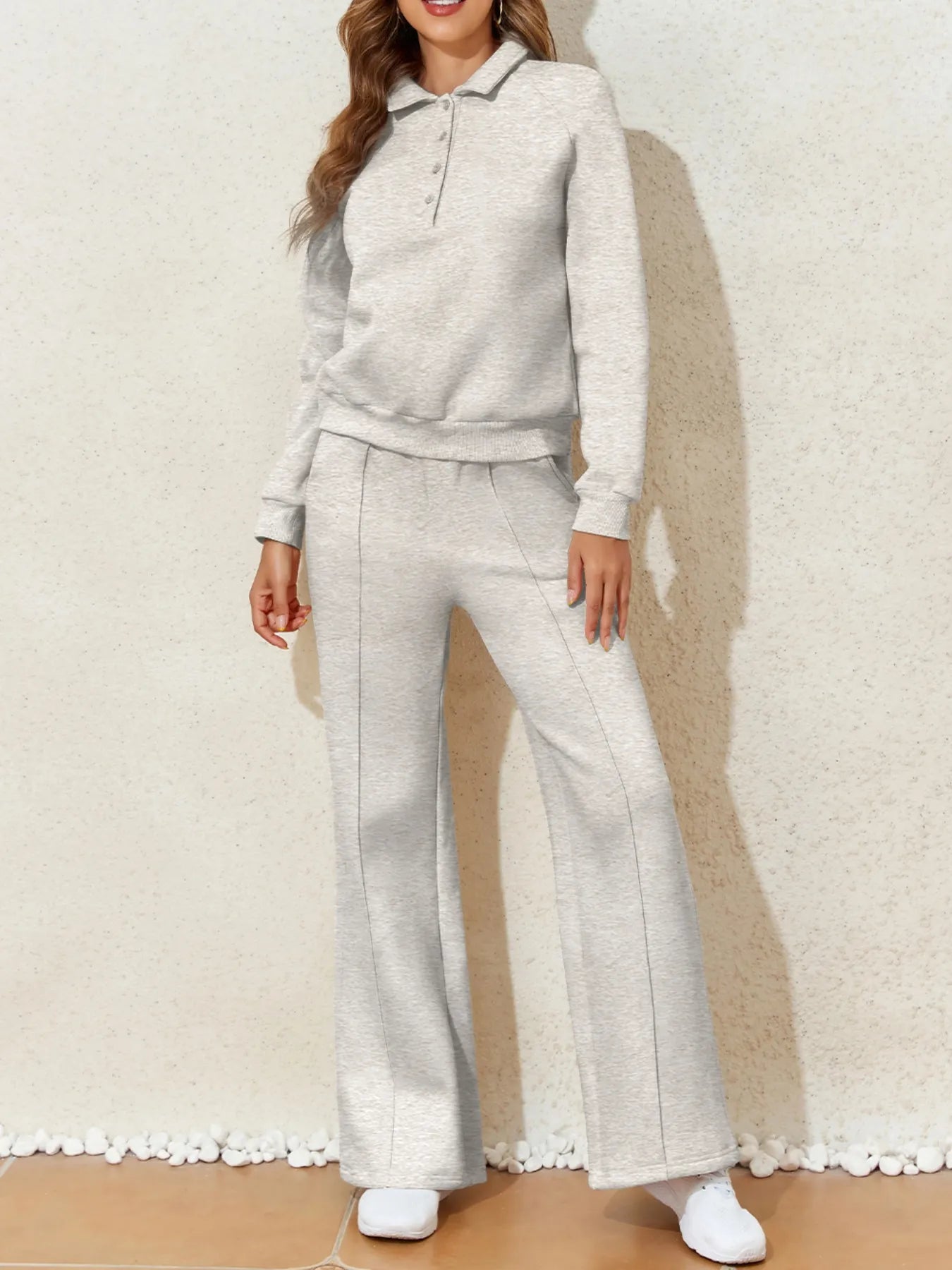 Collared Sweatshirt and High Waist Pants Active Set - Farnelli