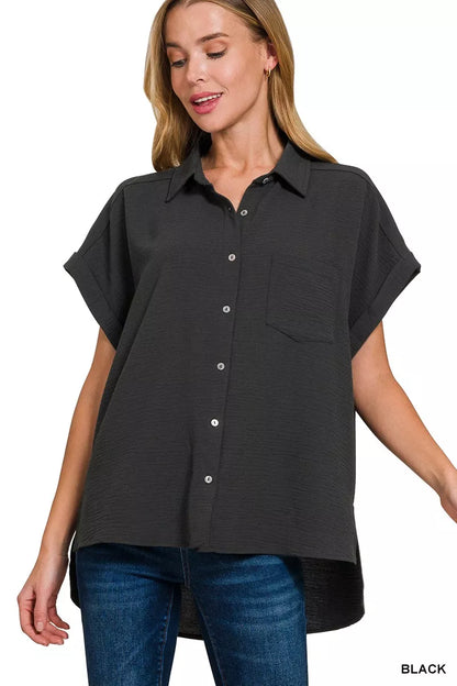 Zenana Full Size Woven Airflow Button Down Shirt Plus Size - Farnelli