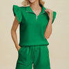 Double Take Full Size Texture Flounce Sleeve Top and Shorts Set - Green