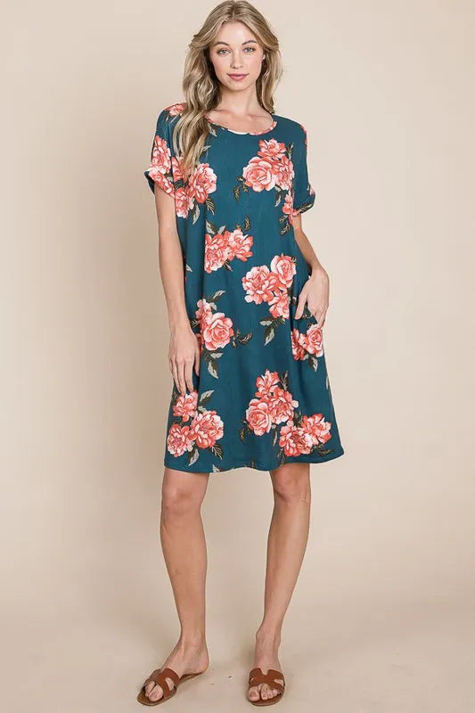 BOMBOM Floral Round Neck Short Tee Dress with Pockets - Farnelli