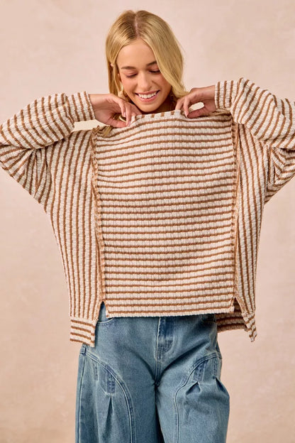 BiBi Open Seam Detail Textured Stripe Knit Top - Farnelli